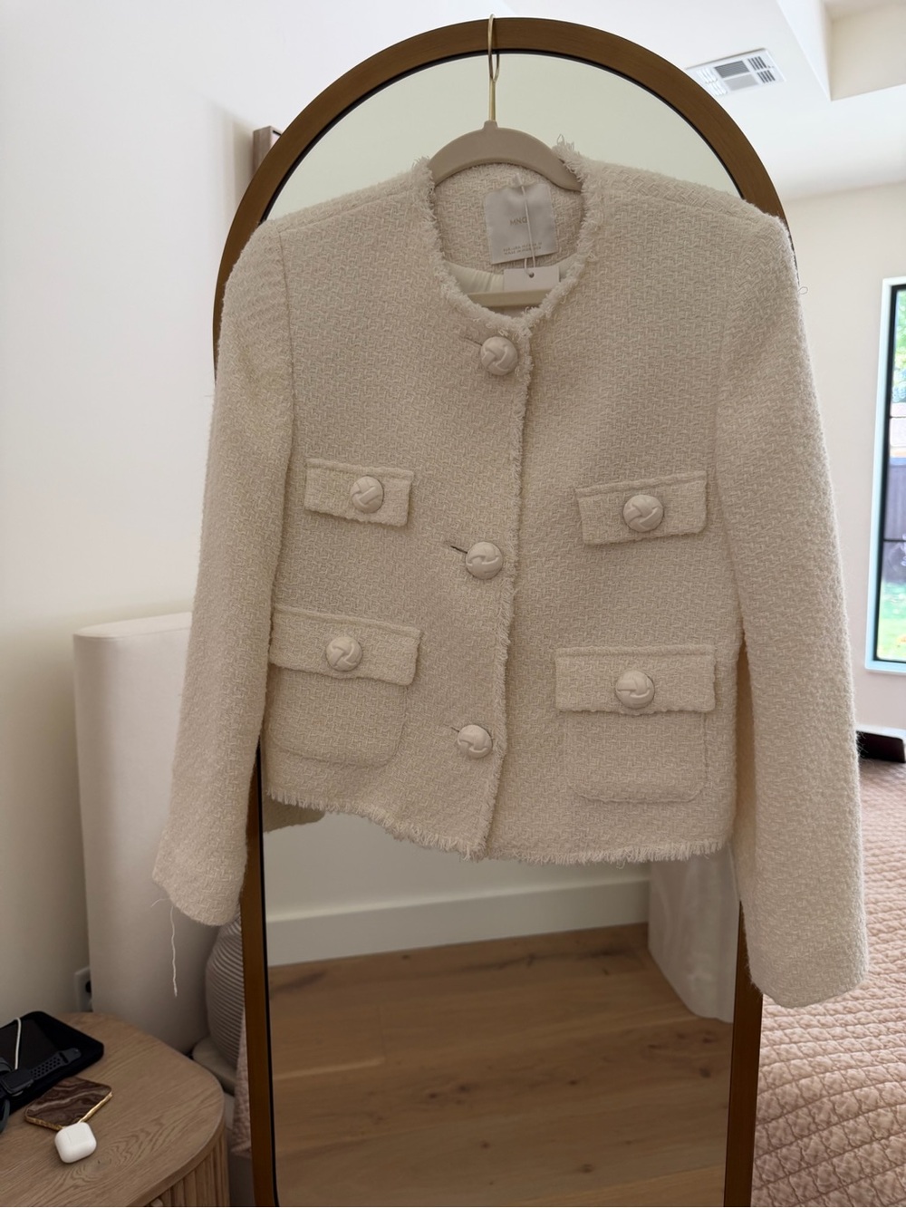 Mango Cream Bouclé Button-Front Cropped Blazer